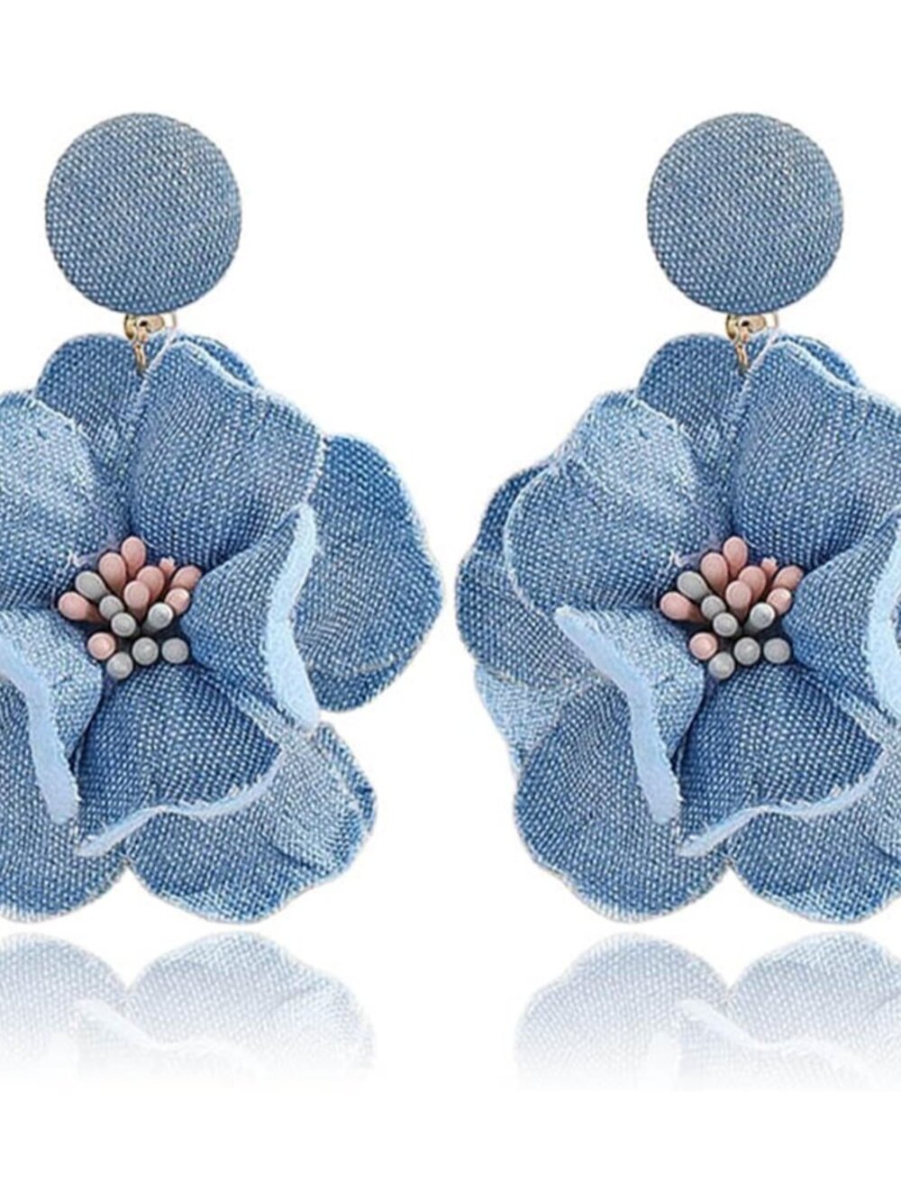 Boho Denim Camellia Flower Dangle Earrings for Women Exaggerated Big Layered Tie